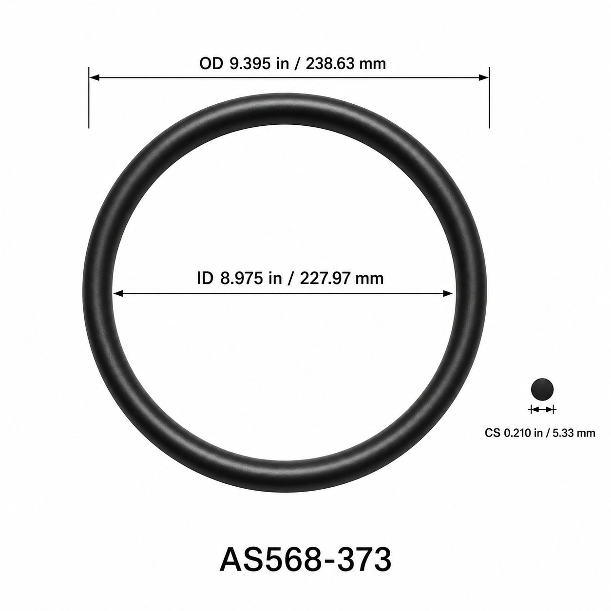 AS568-373 O-Ring – 8.975 in ID × 0.210 in CS – dimensional diagram showing ID, OD and cross-section