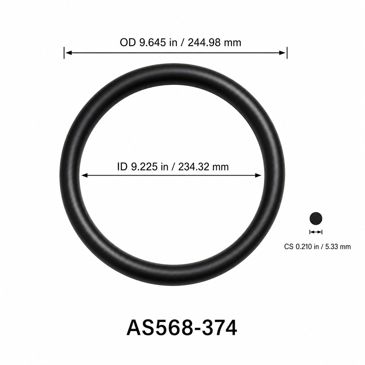 AS568-374 O-Ring – 9.225 in ID × 0.210 in CS – dimensional diagram showing ID, OD and cross-section