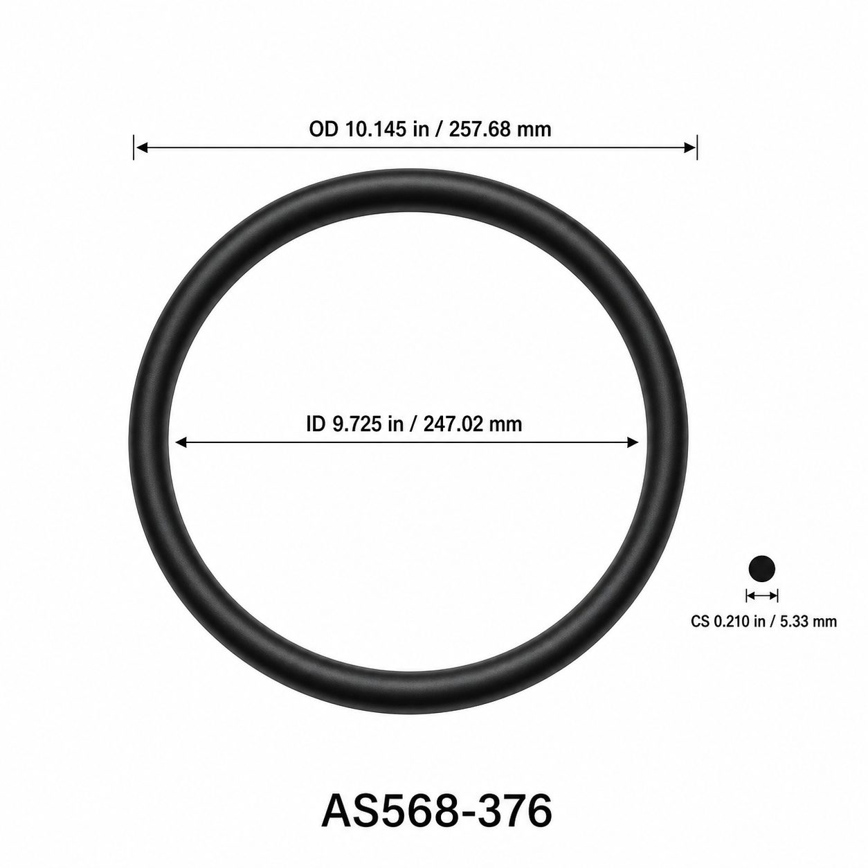 AS568-376 O-Ring – 9.725 in ID × 0.210 in CS – dimensional diagram showing ID, OD and cross-section