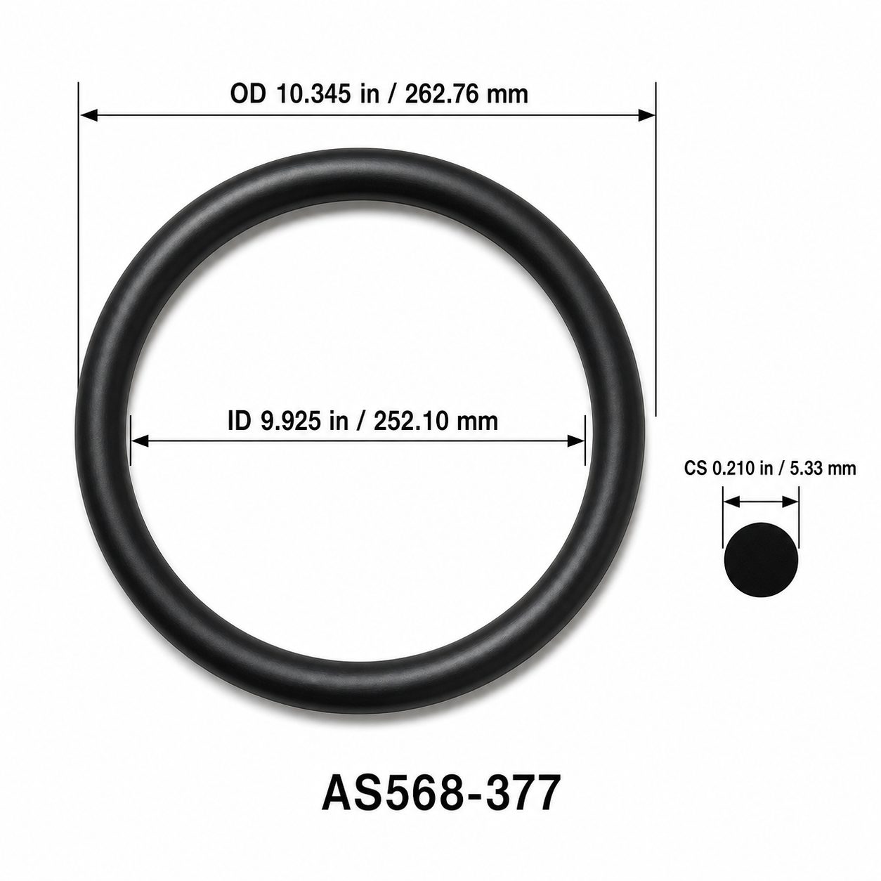AS568-377 O-Ring – 9.925 in ID × 0.210 in CS – dimensional diagram showing ID, OD and cross-section