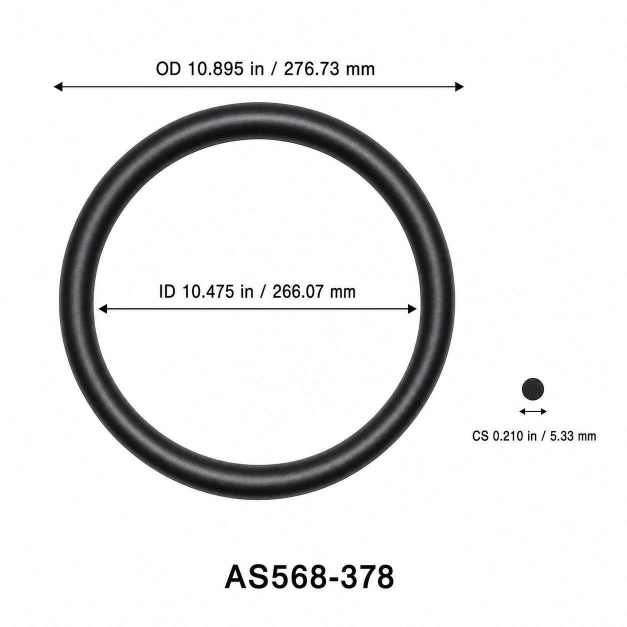 AS568-378 O-Ring – 10.475 in ID × 0.210 in CS – dimensional diagram showing ID, OD and cross-section