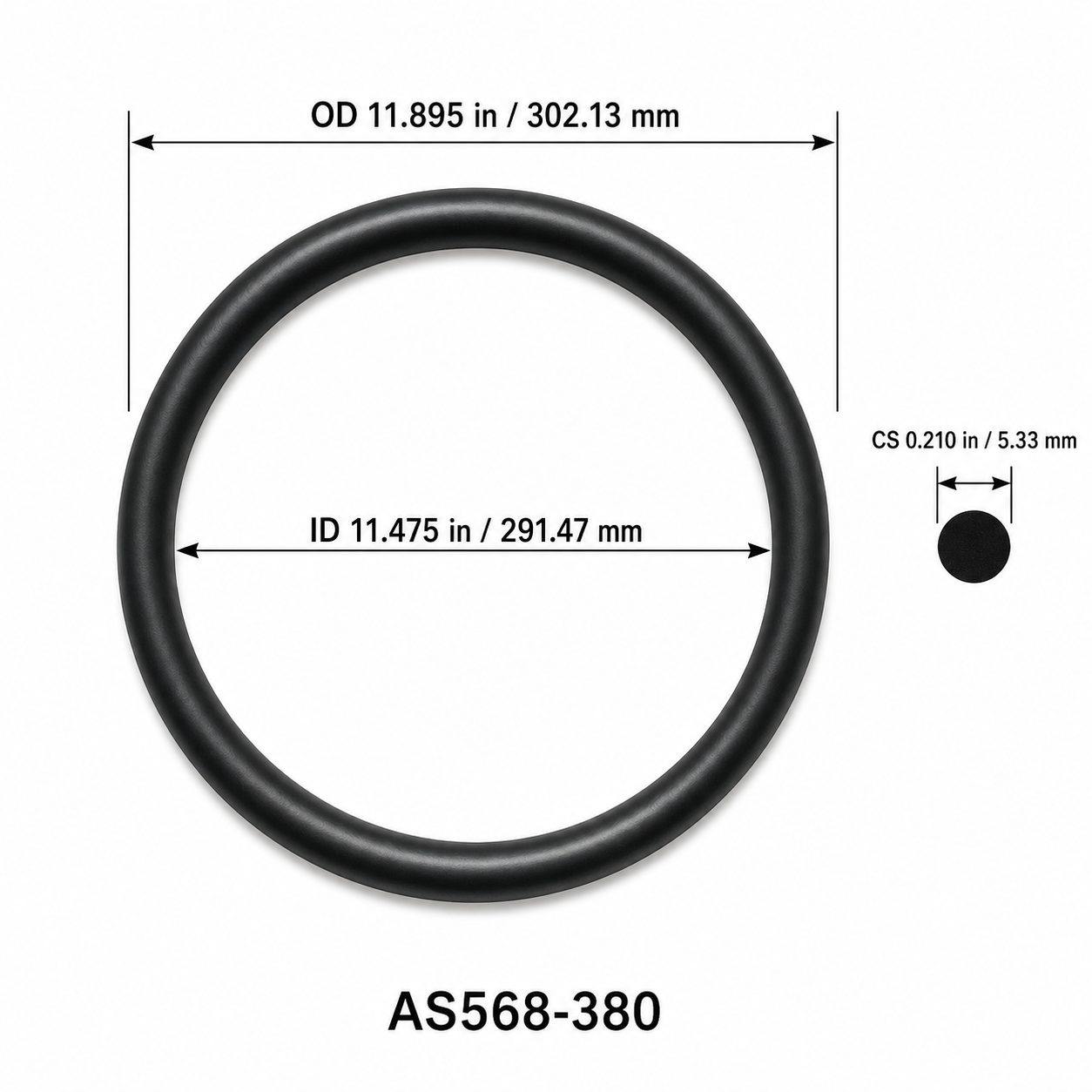 AS568-380 O-Ring – 11.475 in ID × 0.210 in CS – dimensional diagram showing ID, OD and cross-section