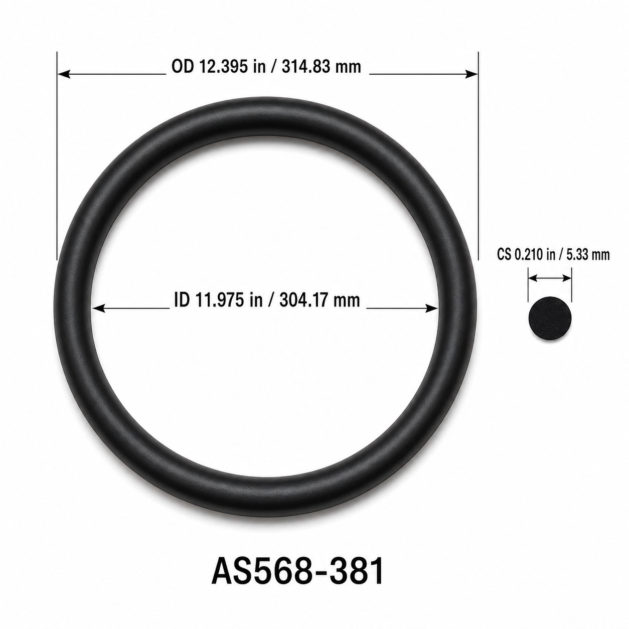 AS568-381 O-Ring – 11.975 in ID × 0.210 in CS – dimensional diagram showing ID, OD and cross-section