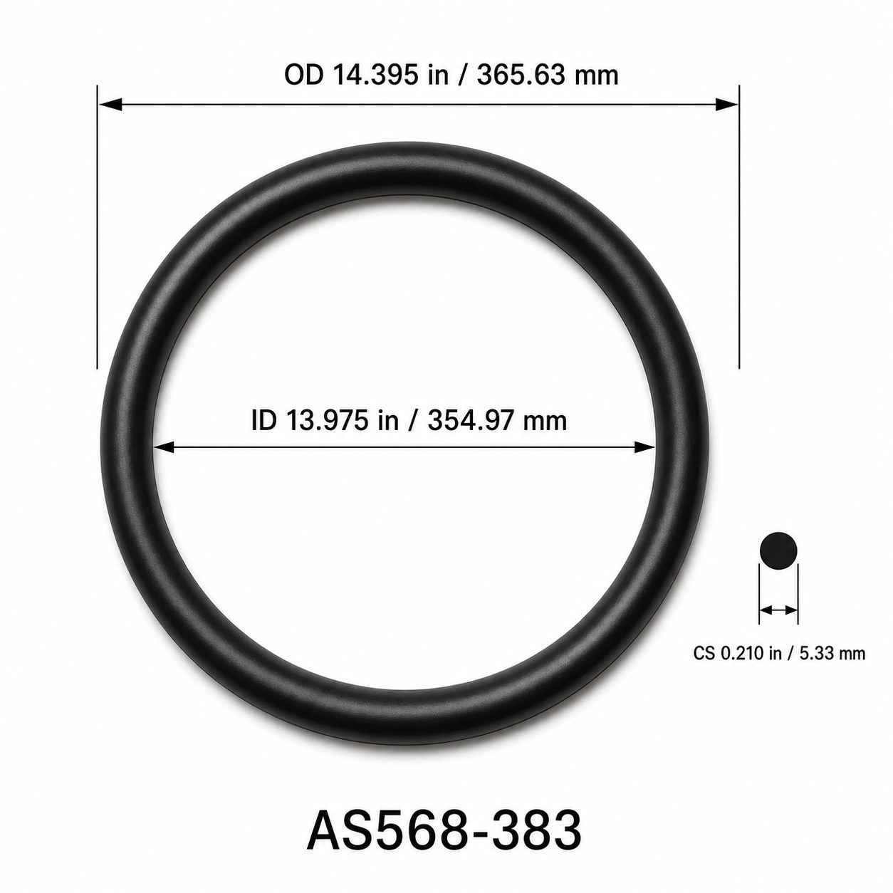 AS568-383 O-Ring – 13.975 in ID × 0.210 in CS – dimensional diagram showing ID, OD and cross-section