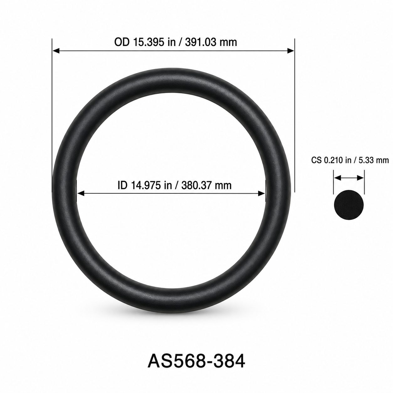 AS568-384 O-Ring – 14.975 in ID × 0.210 in CS – dimensional diagram showing ID, OD and cross-section