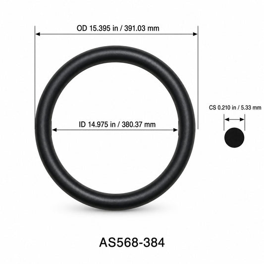 AS568-384 O-Ring – 14.975 in ID × 0.210 in CS – dimensional diagram showing ID, OD and cross-section