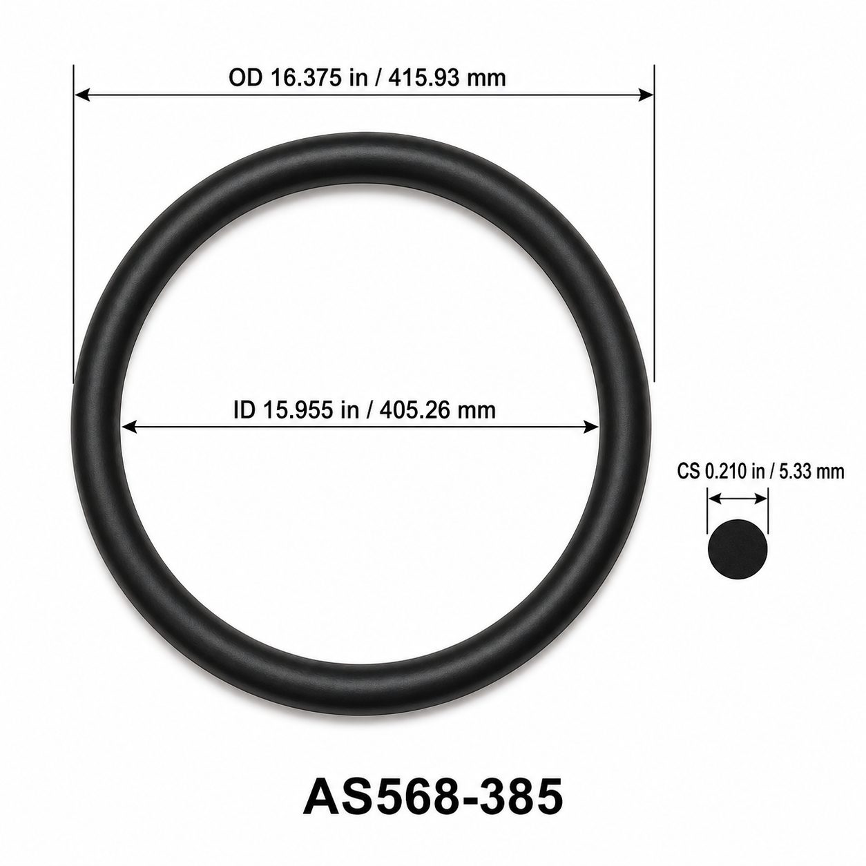 AS568-385 O-Ring – 15.955 in ID × 0.210 in CS – dimensional diagram showing ID, OD and cross-section