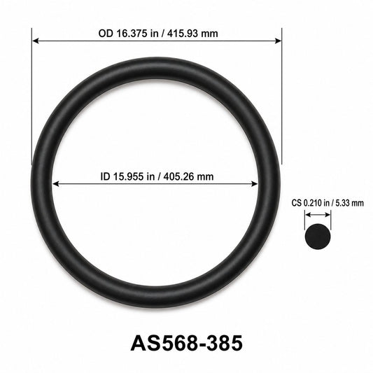 AS568-385 O-Ring – 15.955 in ID × 0.210 in CS – dimensional diagram showing ID, OD and cross-section