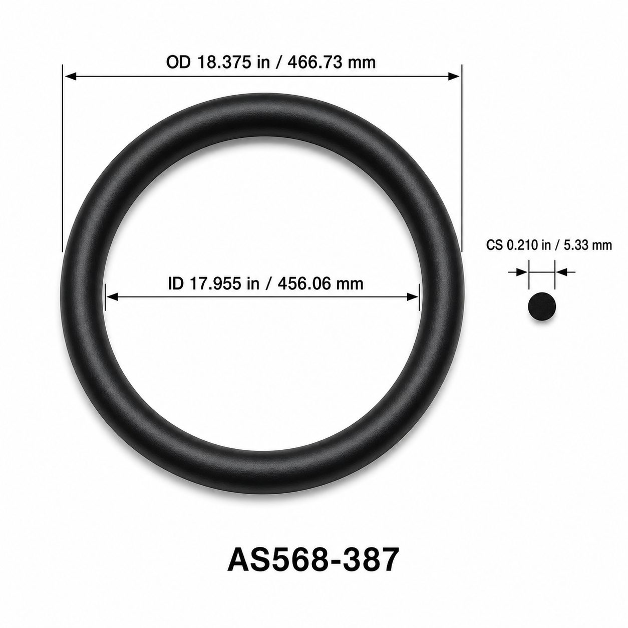 AS568-387 O-Ring – 17.955 in ID × 0.210 in CS – dimensional diagram showing ID, OD and cross-section