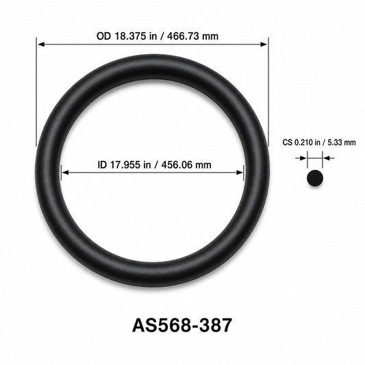 AS568-387 O-Ring – 17.955 in ID × 0.210 in CS – dimensional diagram showing ID, OD and cross-section