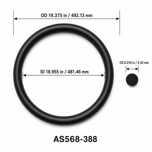 AS568-388 O-Ring – 18.955 in ID × 0.210 in CS – dimensional diagram showing ID, OD and cross-section