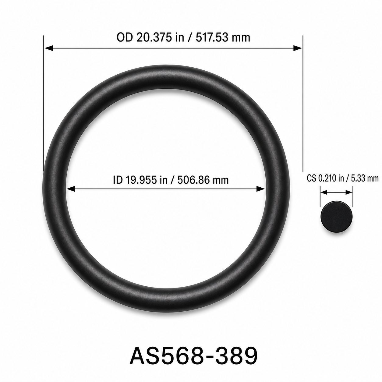 AS568-389 O-Ring – 19.955 in ID × 0.210 in CS – dimensional diagram showing ID, OD and cross-section
