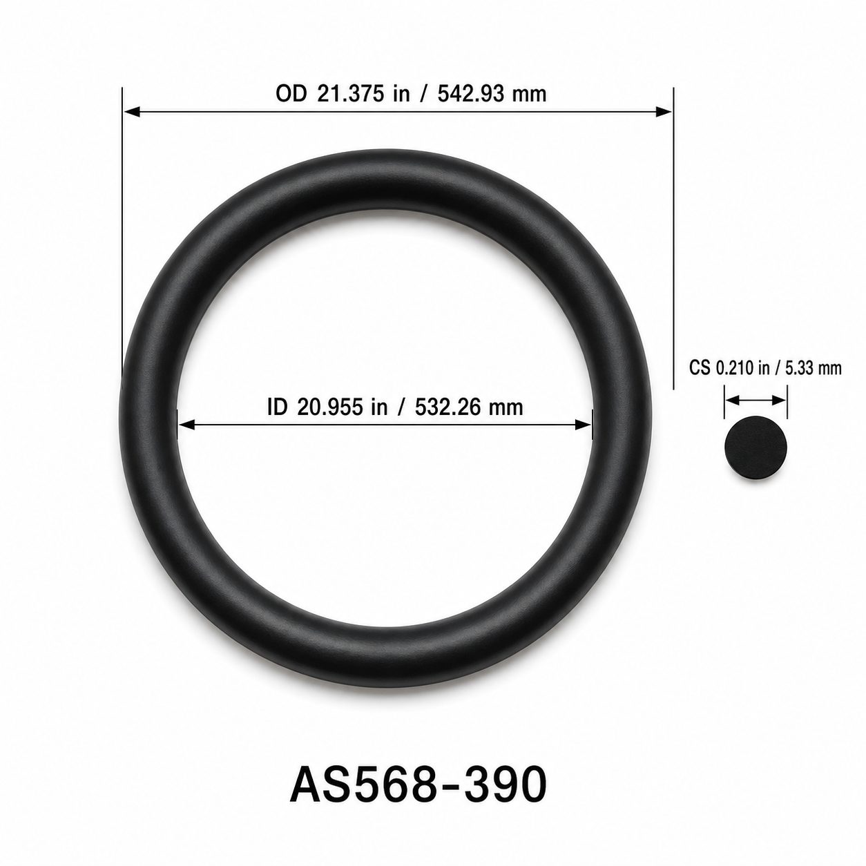 AS568-390 O-Ring – 20.955 in ID × 0.210 in CS – dimensional diagram showing ID, OD and cross-section