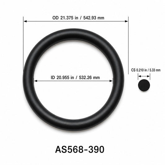 AS568-390 O-Ring – 20.955 in ID × 0.210 in CS – dimensional diagram showing ID, OD and cross-section