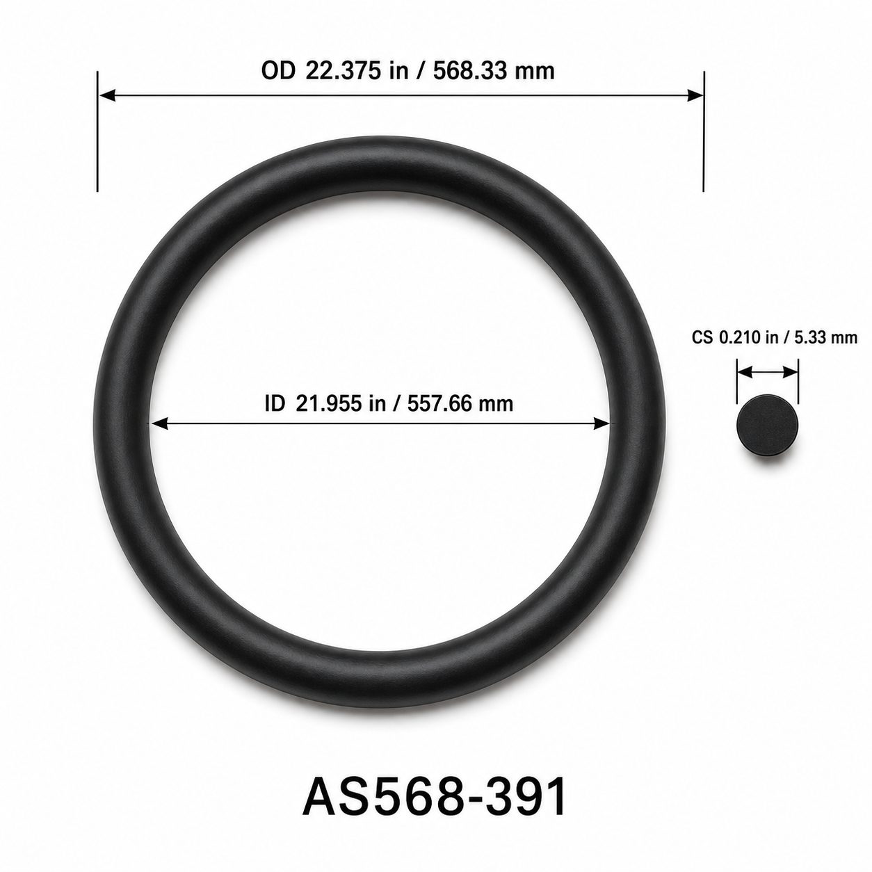 AS568-391 O-Ring – 21.955 in ID × 0.210 in CS – dimensional diagram showing ID, OD and cross-section