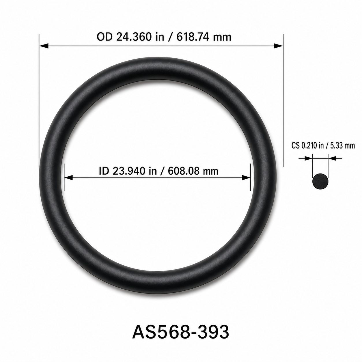 AS568-393 O-Ring – 23.940 in ID × 0.210 in CS – dimensional diagram showing ID, OD and cross-section