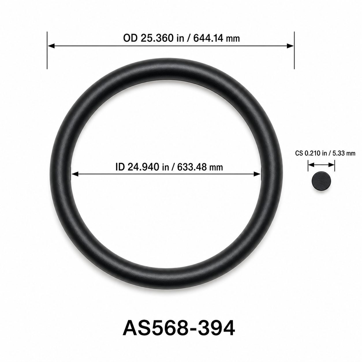 AS568-394 O-Ring – 24.940 in ID × 0.210 in CS – dimensional diagram showing ID, OD and cross-section