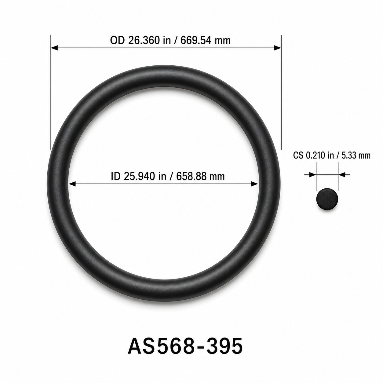 AS568-395 O-Ring – 25.940 in ID × 0.210 in CS – dimensional diagram showing ID, OD and cross-section