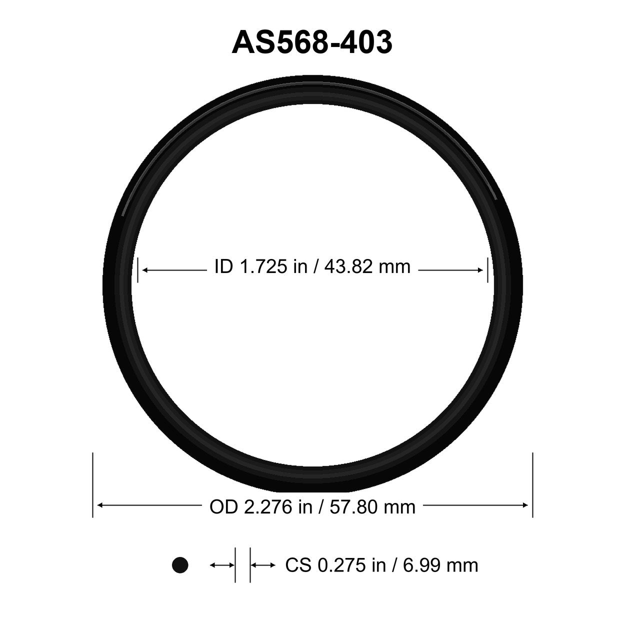 AS568-403 O-Ring – 1.725 in ID × 0.275 in CS – dimensional diagram showing ID, OD and cross-section