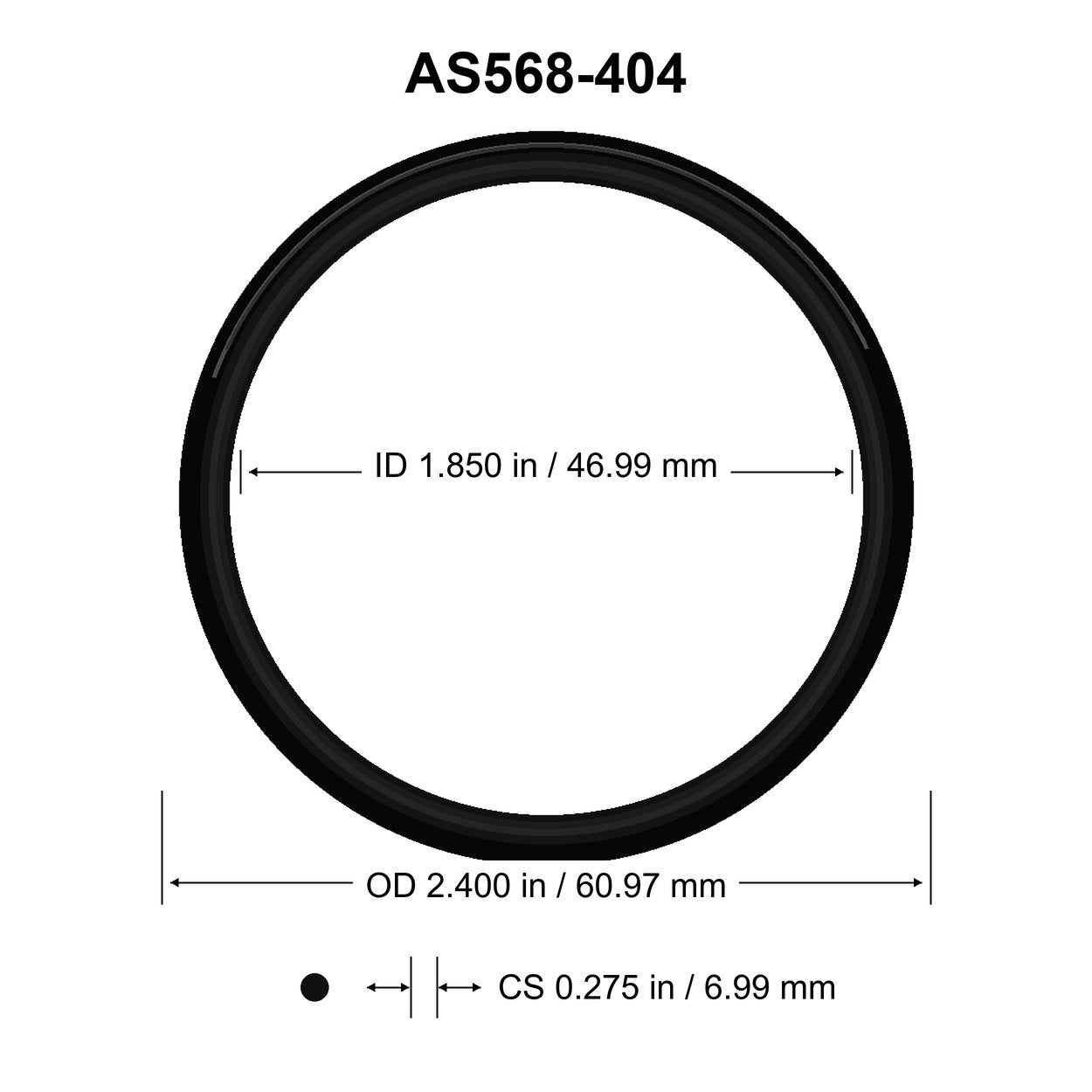 AS568-404 O-Ring – 1.850 in ID × 0.275 in CS – dimensional diagram showing ID, OD and cross-section