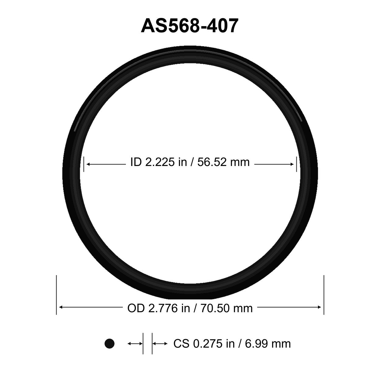 AS568-407 O-Ring – 2.225 in ID × 0.275 in CS – dimensional diagram showing ID, OD and cross-section