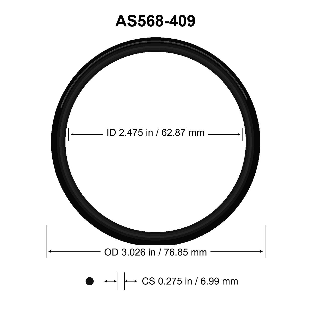 AS568-409 O-Ring – 2.475 in ID × 0.275 in CS – dimensional diagram showing ID, OD and cross-section