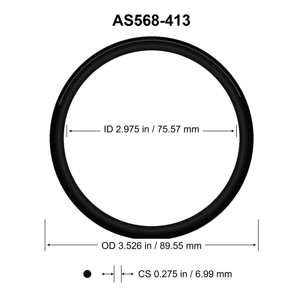 AS568-413 O-Ring – 2.975 in ID × 0.275 in CS – dimensional diagram showing ID, OD and cross-section
