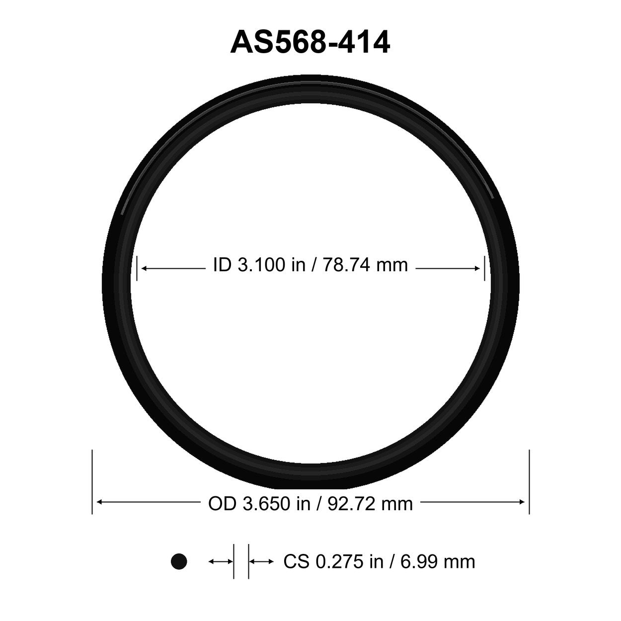 AS568-414 O-Ring – 3.100 in ID × 0.275 in CS – dimensional diagram showing ID, OD and cross-section