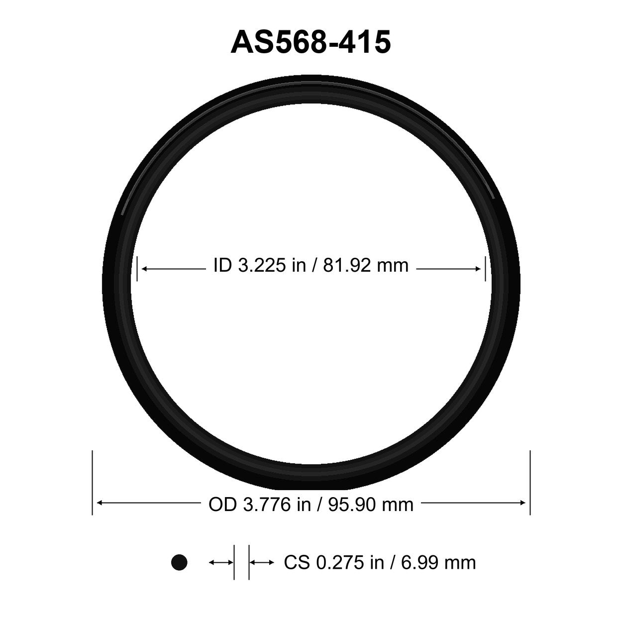 AS568-415 O-Ring – 3.225 in ID × 0.275 in CS – dimensional diagram showing ID, OD and cross-section