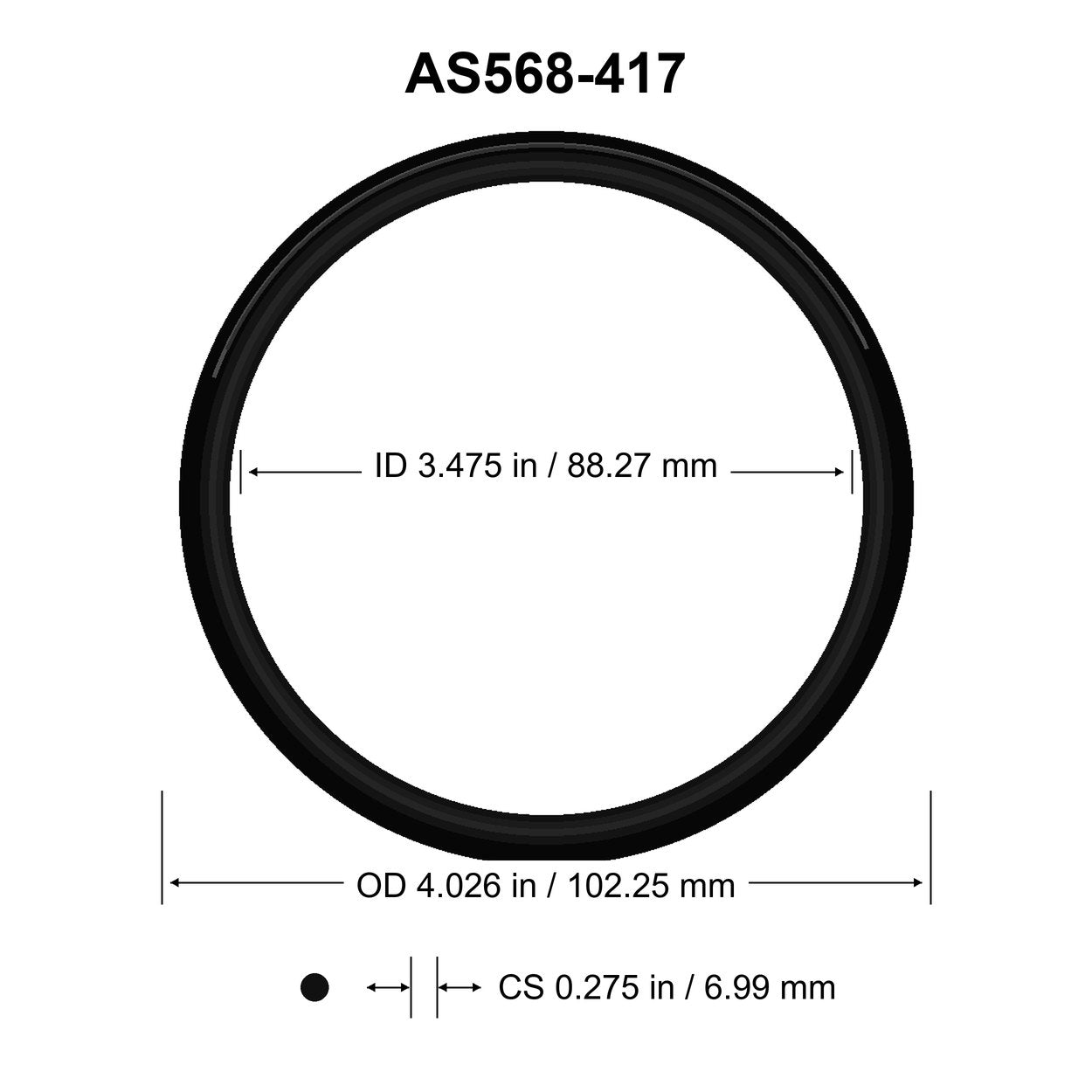 AS568-417 O-Ring – 3.475 in ID × 0.275 in CS – dimensional diagram showing ID, OD and cross-section