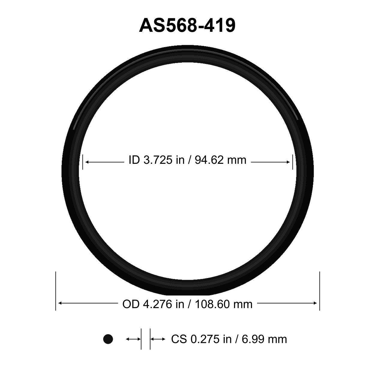 AS568-419 O-Ring – 3.725 in ID × 0.275 in CS – dimensional diagram showing ID, OD and cross-section