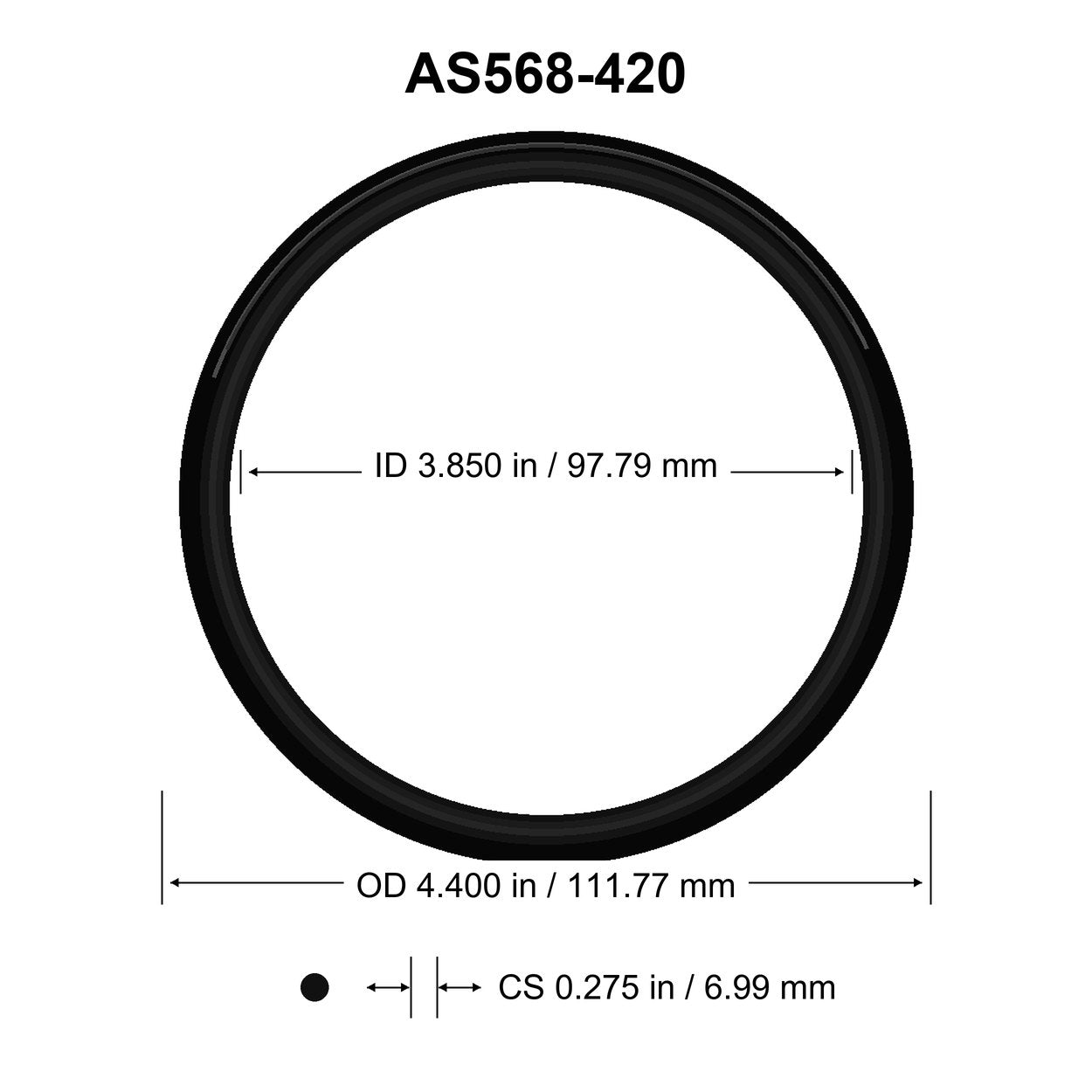 AS568-420 O-Ring – 3.850 in ID × 0.275 in CS – dimensional diagram showing ID, OD and cross-section