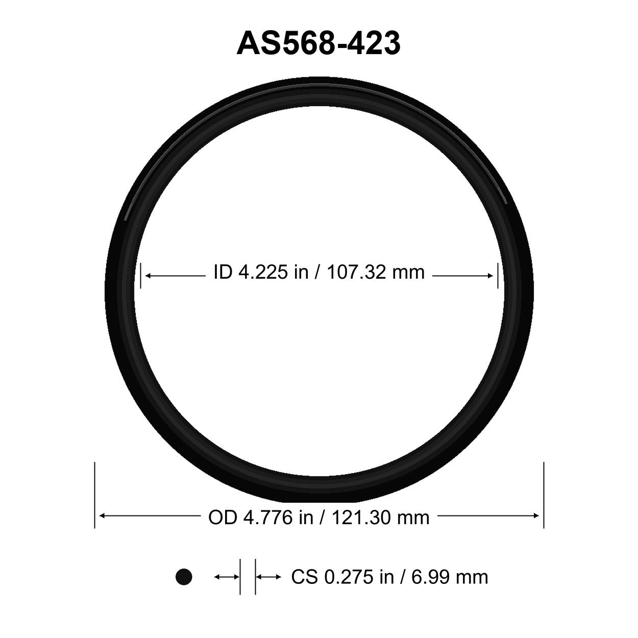 AS568-423 O-Ring – 4.225 in ID × 0.275 in CS – dimensional diagram showing ID, OD and cross-section