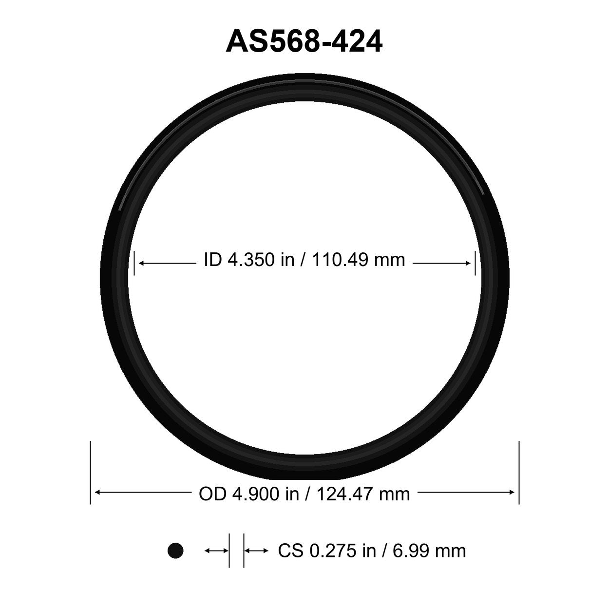 AS568-424 O-Ring – 4.350 in ID × 0.275 in CS – dimensional diagram showing ID, OD and cross-section