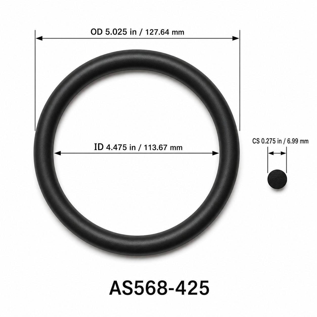 AS568-425 O-Ring – 4.475 in ID × 0.275 in CS – dimensional diagram showing ID, OD and cross-section