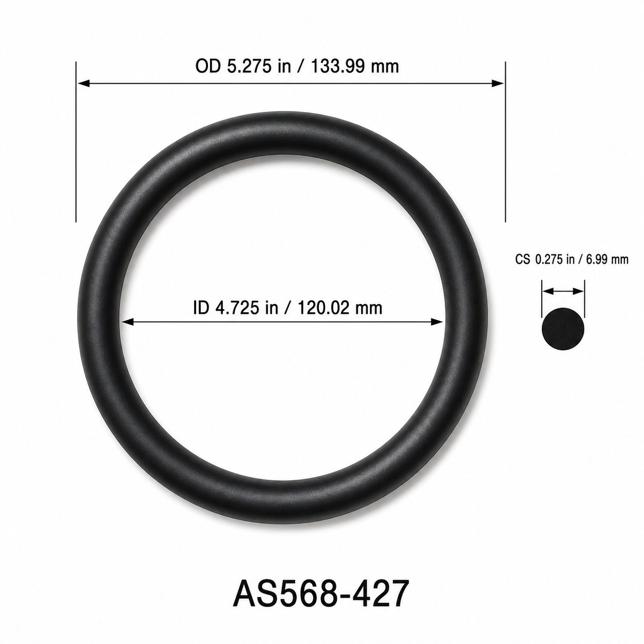 AS568-427 O-Ring – 4.725 in ID × 0.275 in CS – dimensional diagram showing ID, OD and cross-section