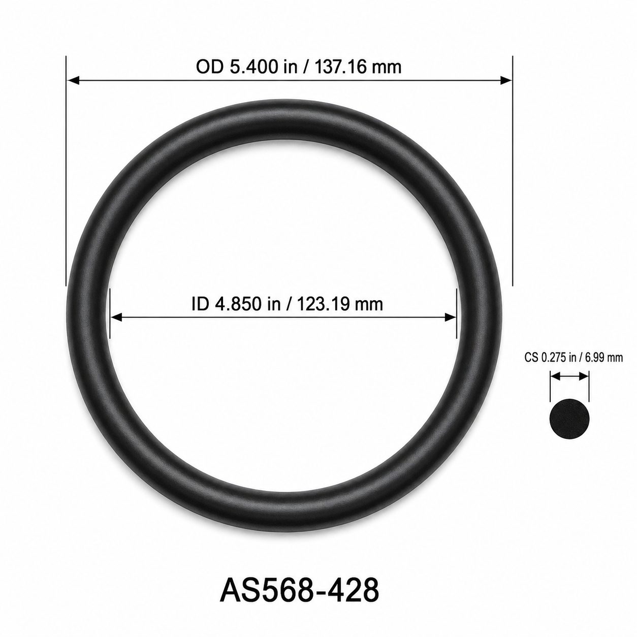 AS568-428 O-Ring – 4.850 in ID × 0.275 in CS – dimensional diagram showing ID, OD and cross-section