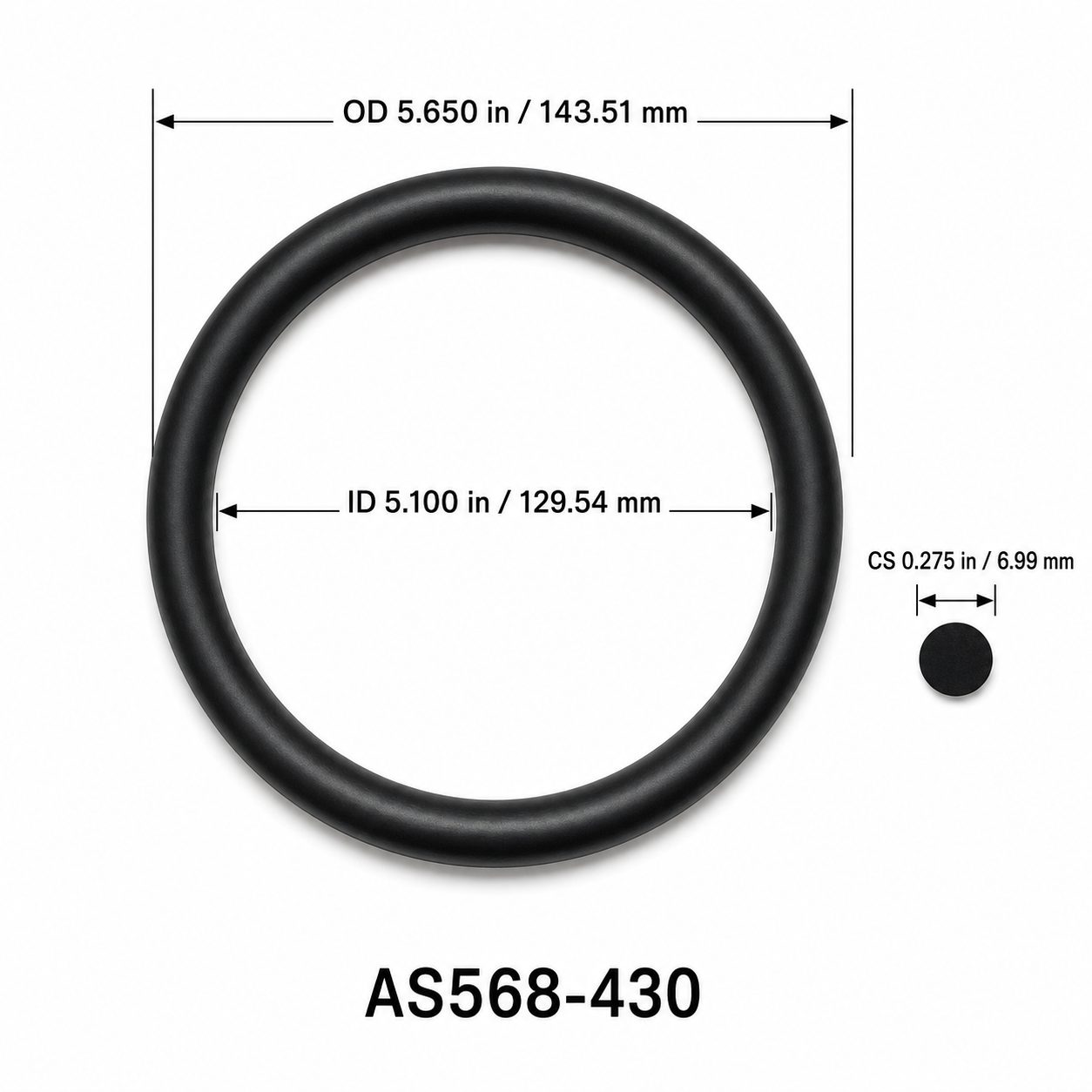 AS568-430 O-Ring – 5.100 in ID × 0.275 in CS – dimensional diagram showing ID, OD and cross-section