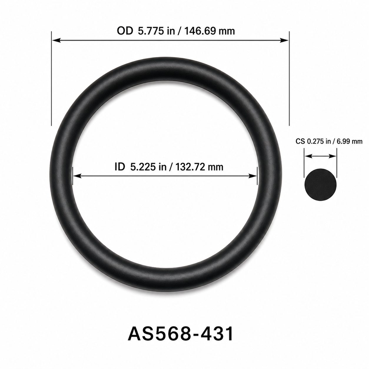 AS568-431 O-Ring – 5.225 in ID × 0.275 in CS – dimensional diagram showing ID, OD and cross-section