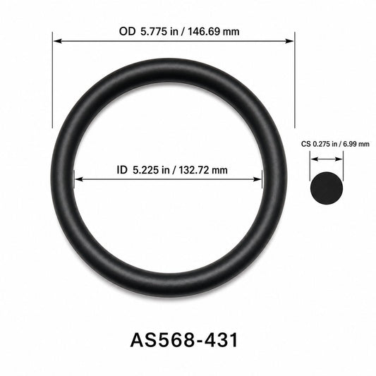 AS568-431 O-Ring – 5.225 in ID × 0.275 in CS – dimensional diagram showing ID, OD and cross-section