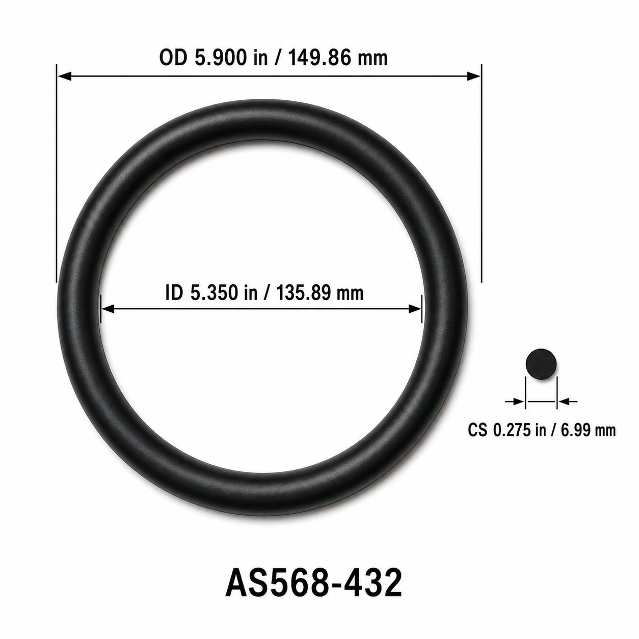 AS568-432 O-Ring – 5.350 in ID × 0.275 in CS – dimensional diagram showing ID, OD and cross-section