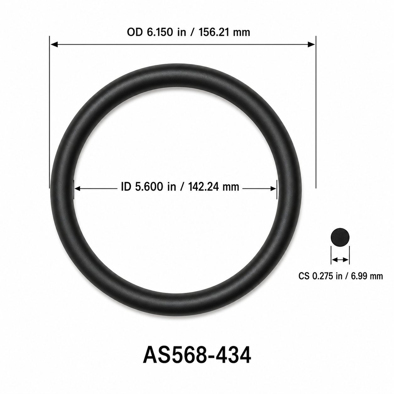 AS568-434 O-Ring – 5.600 in ID × 0.275 in CS – dimensional diagram showing ID, OD and cross-section
