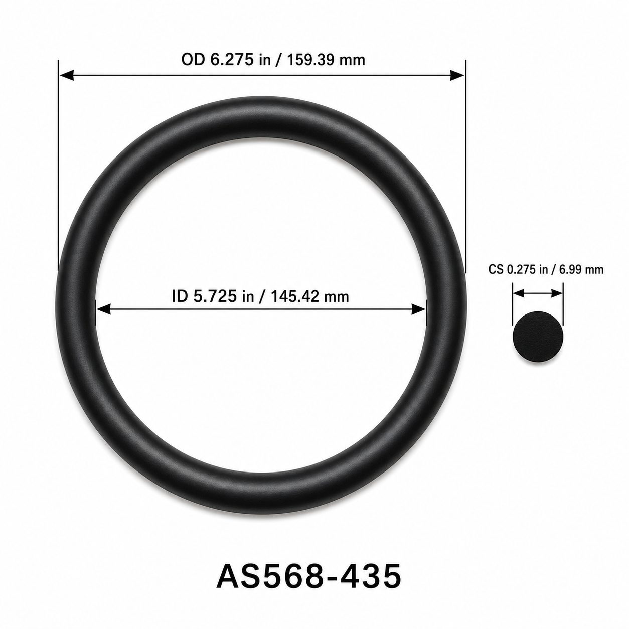 AS568-435 O-Ring – 5.725 in ID × 0.275 in CS – dimensional diagram showing ID, OD and cross-section