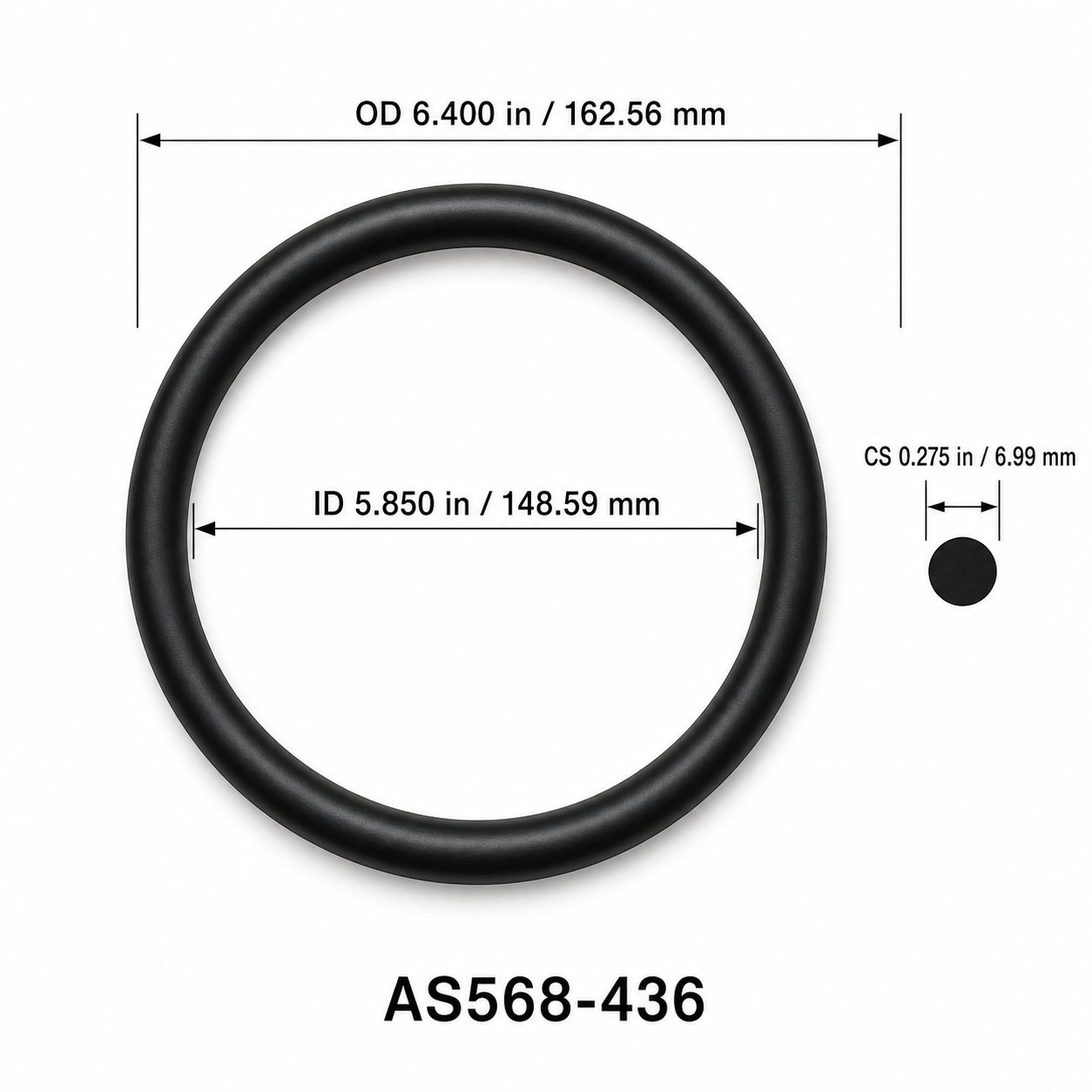 AS568-436 O-Ring – 5.850 in ID × 0.275 in CS – dimensional diagram showing ID, OD and cross-section