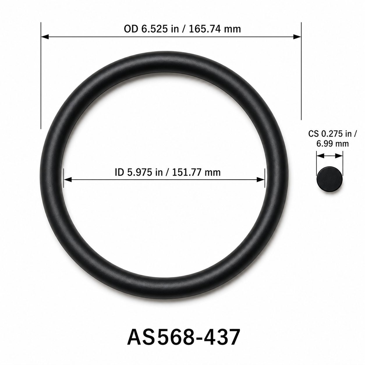 AS568-437 O-Ring – 5.975 in ID × 0.275 in CS – dimensional diagram showing ID, OD and cross-section