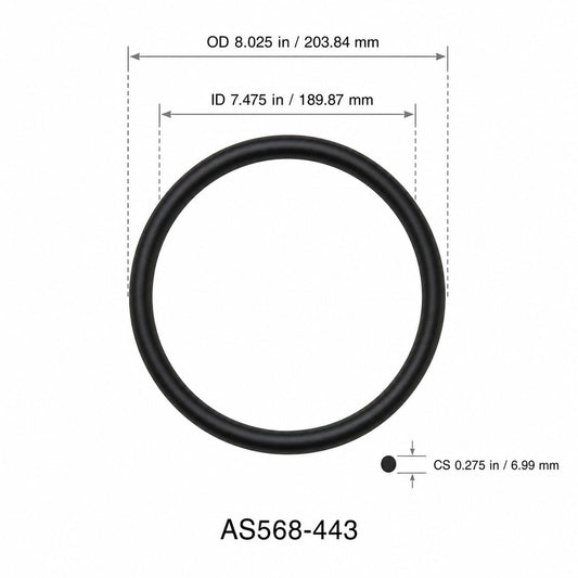 AS568-443 O-Ring – 7.475 in ID × 0.275 in CS – dimensional diagram showing ID, OD and cross-section
