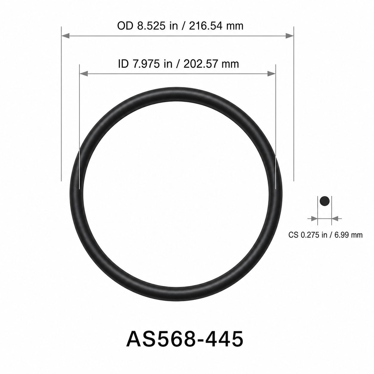 AS568-445 O-Ring – 7.975 in ID × 0.275 in CS – dimensional diagram showing ID, OD and cross-section
