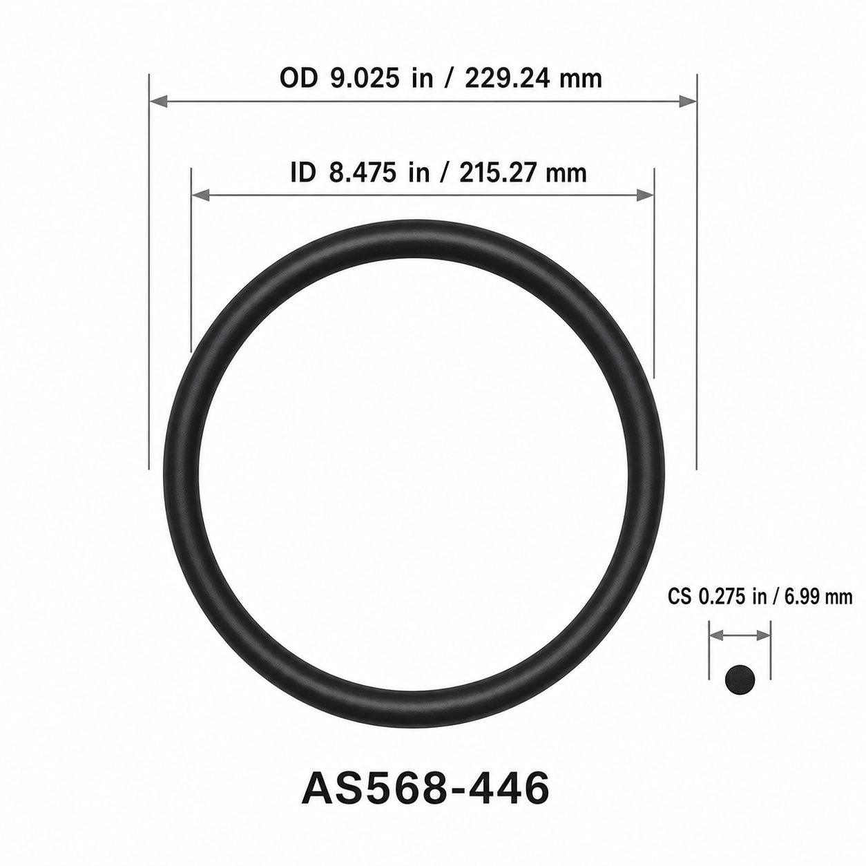 AS568-446 O-Ring – 8.475 in ID × 0.275 in CS – dimensional diagram showing ID, OD and cross-section