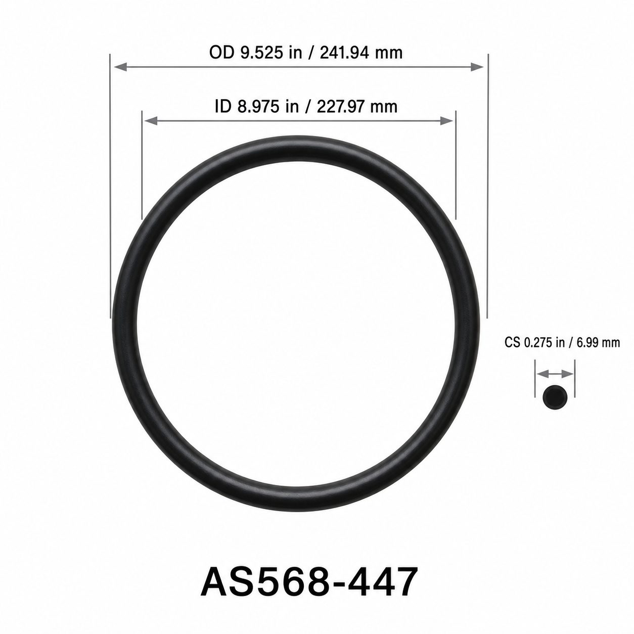 AS568-447 O-Ring – 8.975 in ID × 0.275 in CS – dimensional diagram showing ID, OD and cross-section