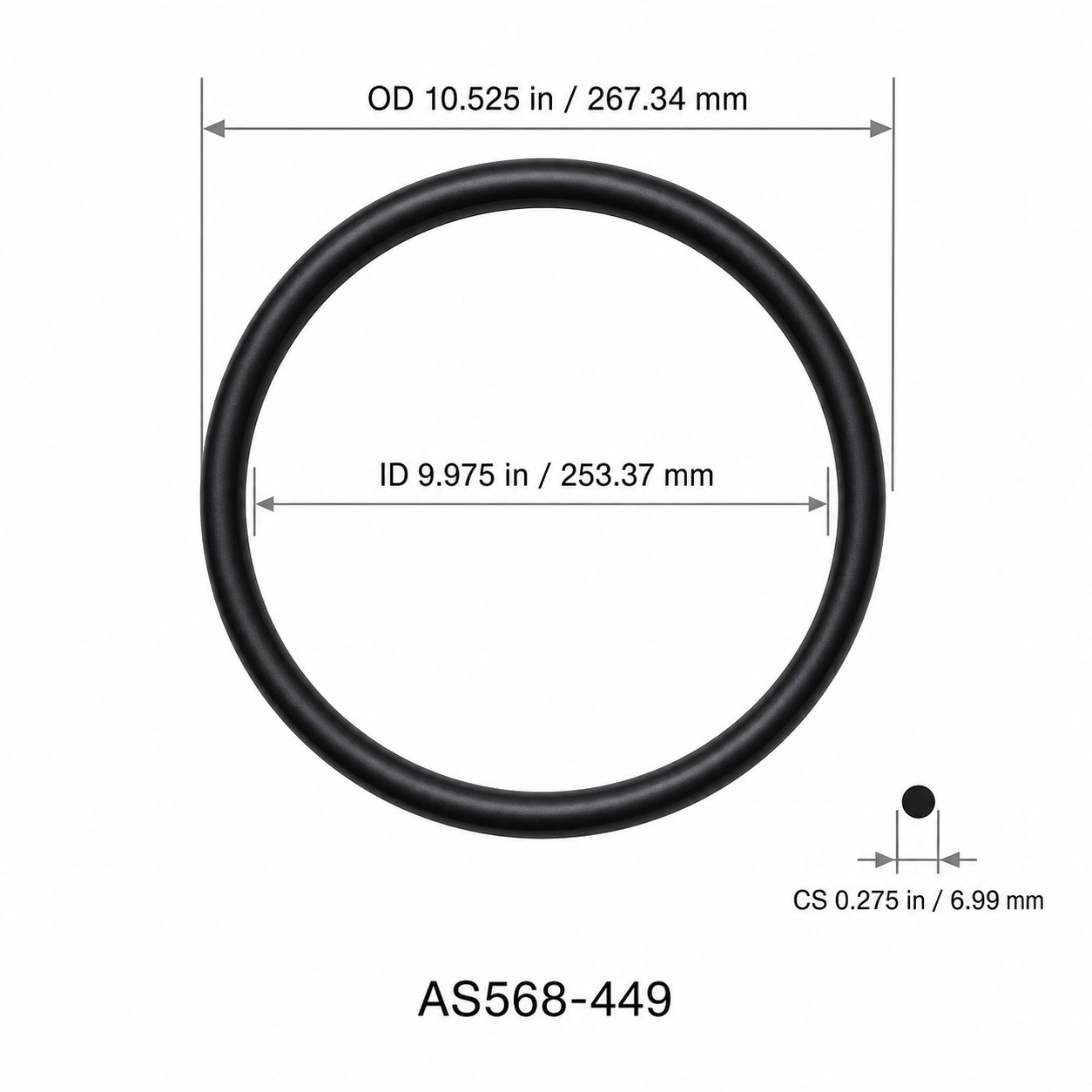 AS568-449 O-Ring – 9.975 in ID × 0.275 in CS – dimensional diagram showing ID, OD and cross-section